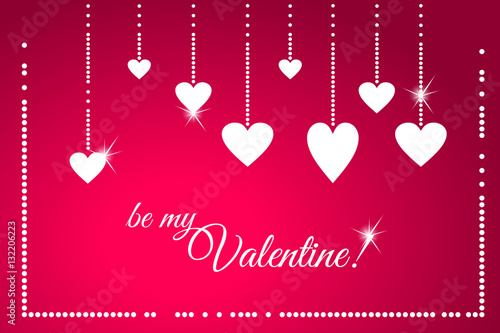 Be my Valentine greeting card. White hearts in beautiful pearl strings isolated on pink background. Pearl frame. Vector illustration