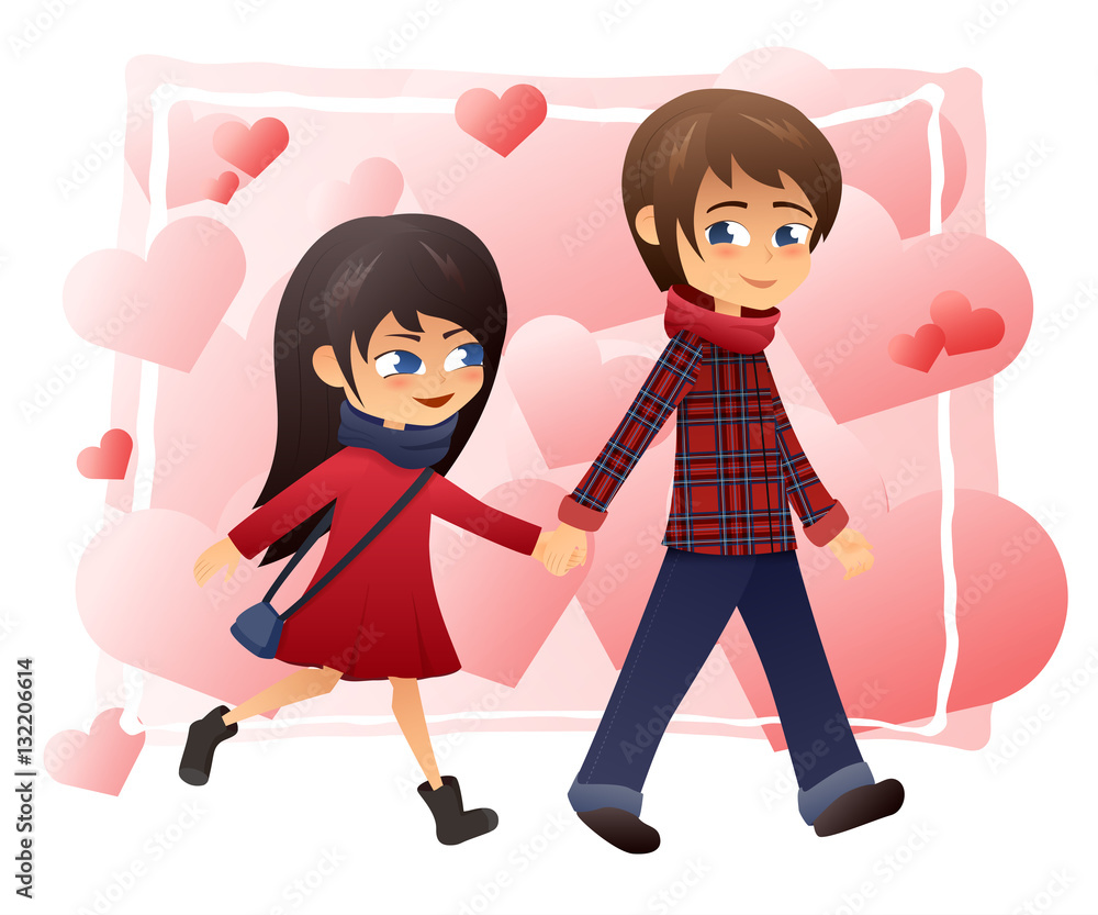 vector detailed flat illustration of walking holding hands couple on hearts background vector detailed flat illustration of walking holding hands couple on hearts background