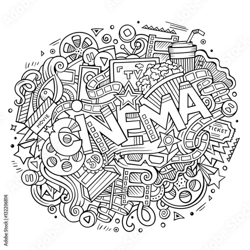 Cartoon cute doodles hand drawn Cinema inscription