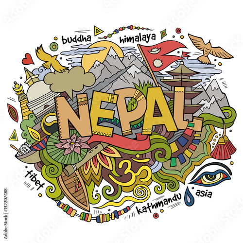 Nepal country hand lettering and doodles elements