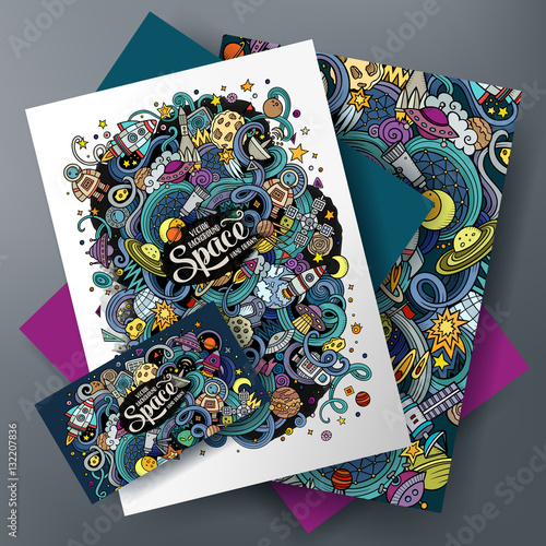 Cartoon cute vector doodles Space corporate identity set