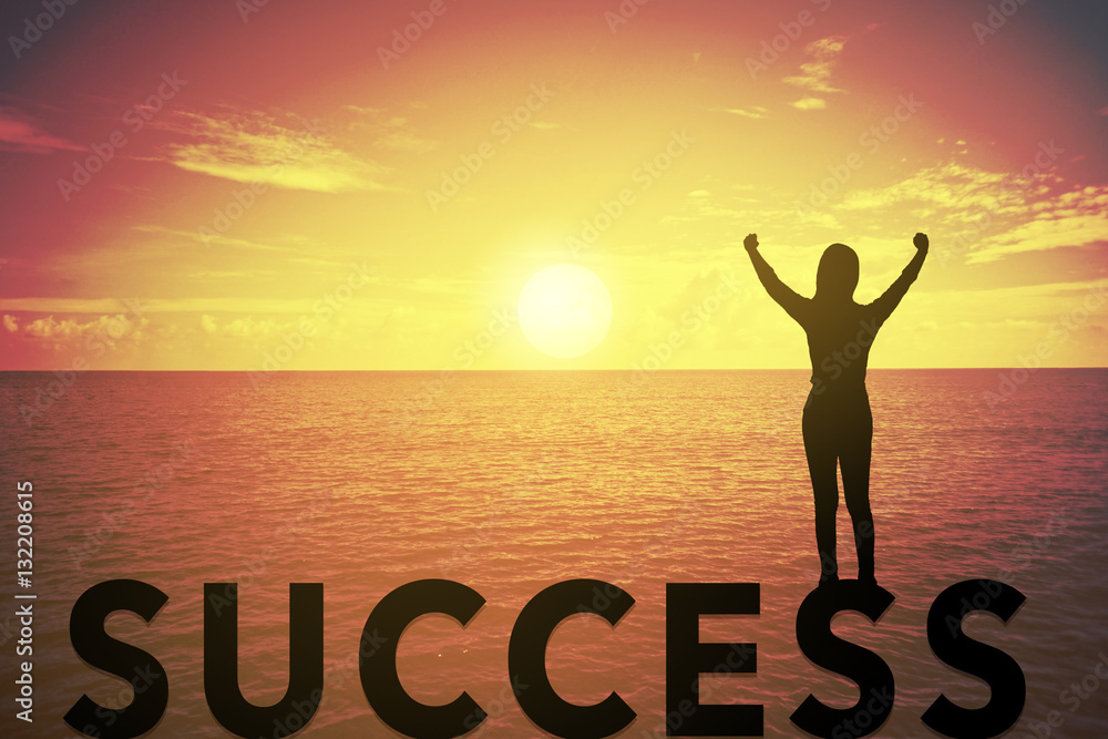 Silhouette young woman standing and raising up hand about winner concept on success text over a beautiful sunset or sunrise at the sea. background for success .hope to business success