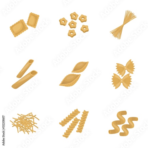Types of pasta set icons in cartoon style. Big collection of types of pasta vector symbol stock illustration