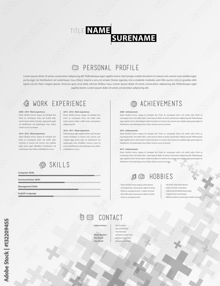 Fototapeta premium Creative simple cv template with grey plus signs in footer.