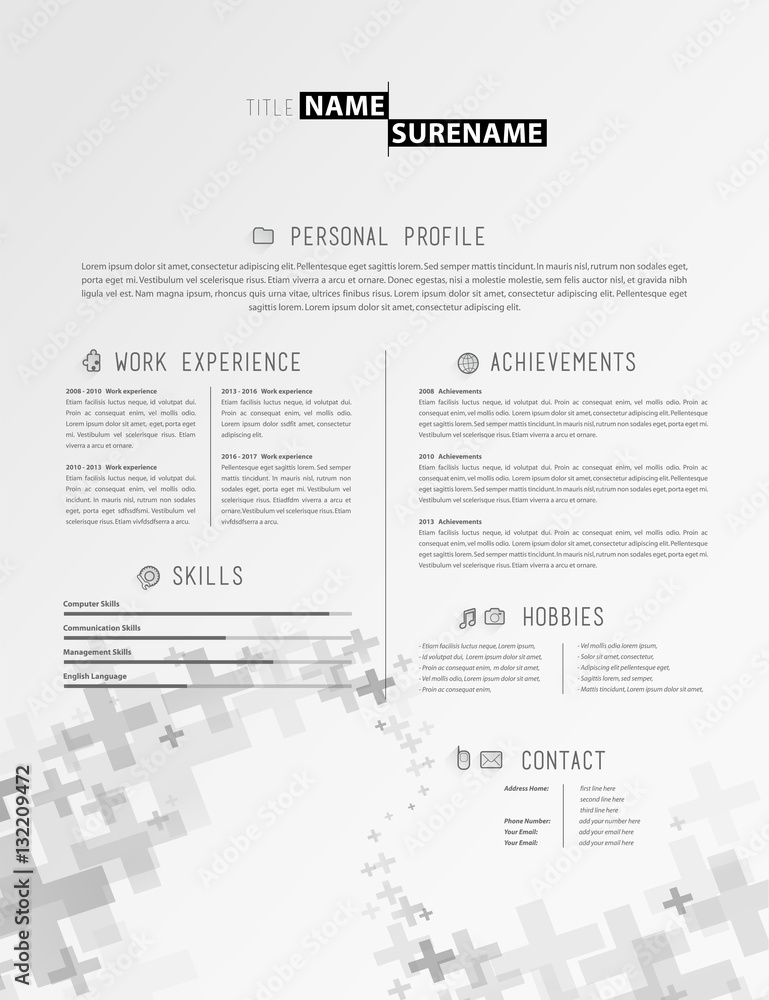 Creative simple cv template with grey plus signs in footer. Creative simple cv template with grey plus signs in footer.