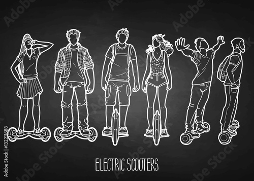 Graphic people riding on electric scooters 