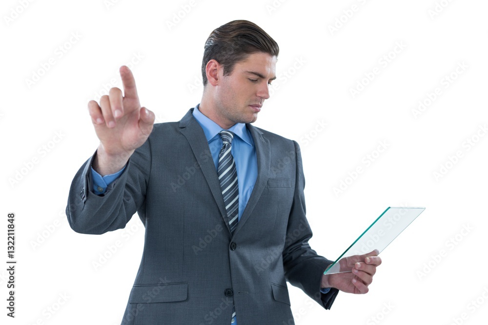 Businessman holding a futuristic digital tablet Businessman holding a futuristic digital tablet
