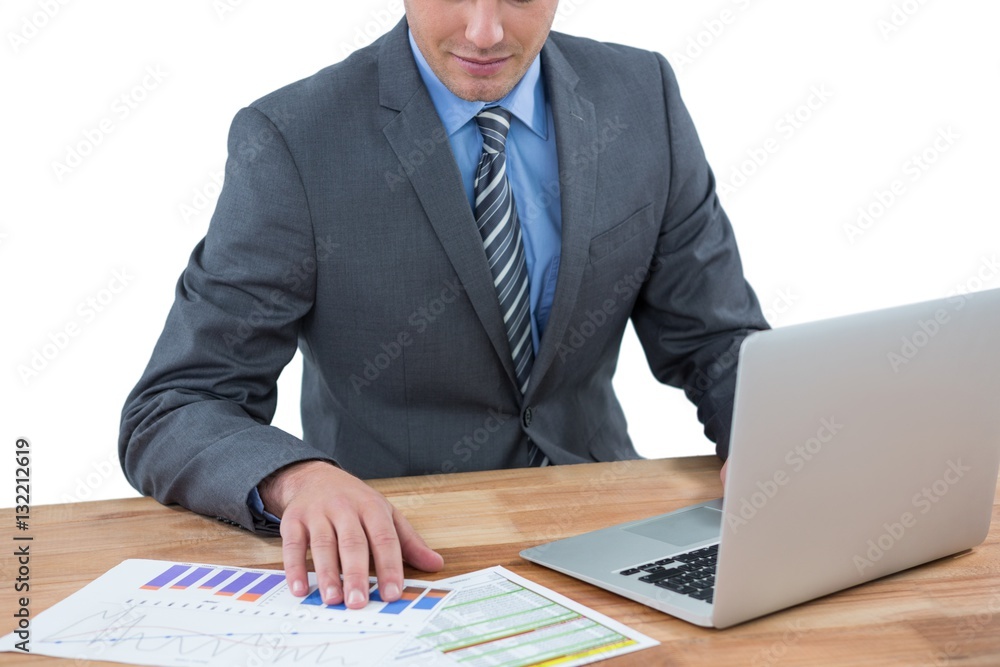 Businessman using laptop while checking graph in office Businessman using laptop while checking graph in office