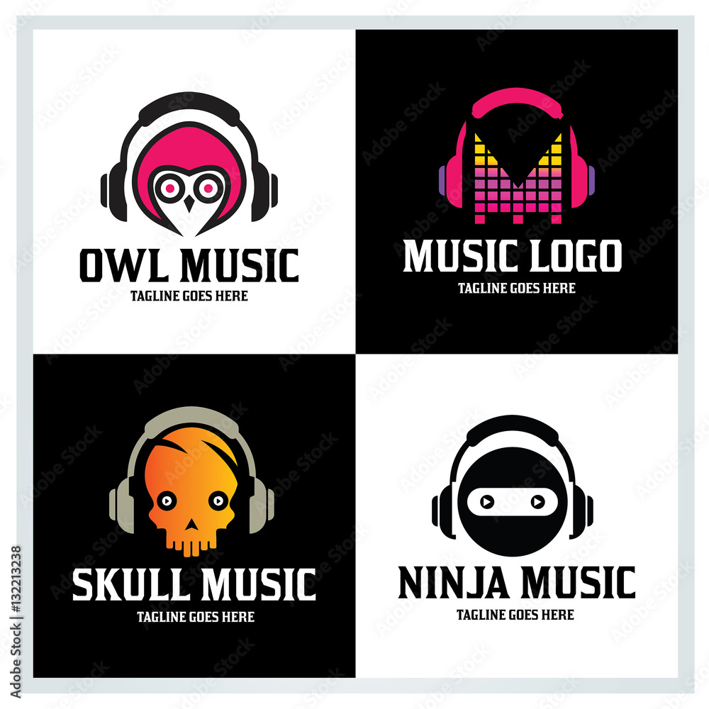 Music logo design template ,Owl music logo ,Skull music logo ,Ninja music logo ,Vector illustration