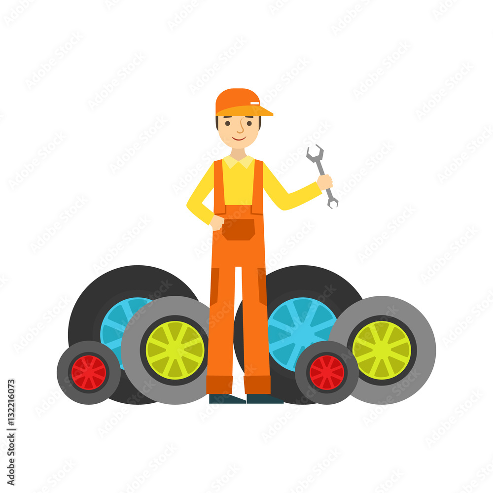 Smiling Mechanic And MAny Wheels In The Garage, Car Repair Workshop Service Illustration