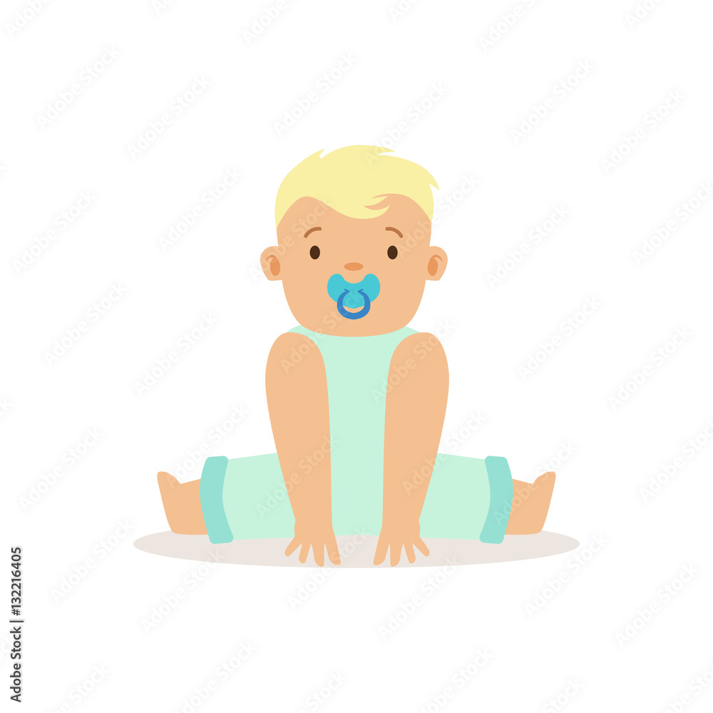 Blond Boy With Dummy Sitting, Adorable Smiling Baby Cartoon Character Every Day Situation Blond Boy With Dummy Sitting, Adorable Smiling Baby Cartoon Character Every Day Situation