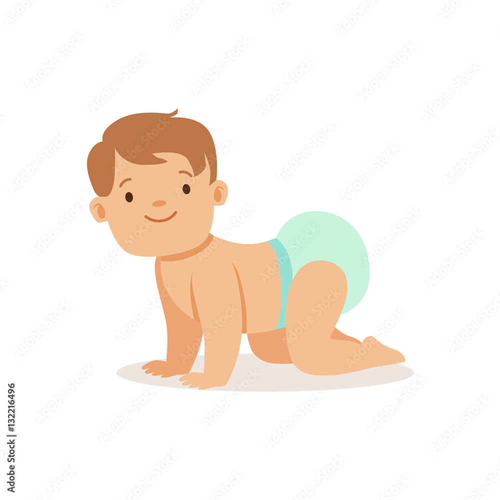 Boy In Nappy Crawling, Adorable Smiling Baby Cartoon Character Every Day  Situation Stock Vector | Adobe Stock