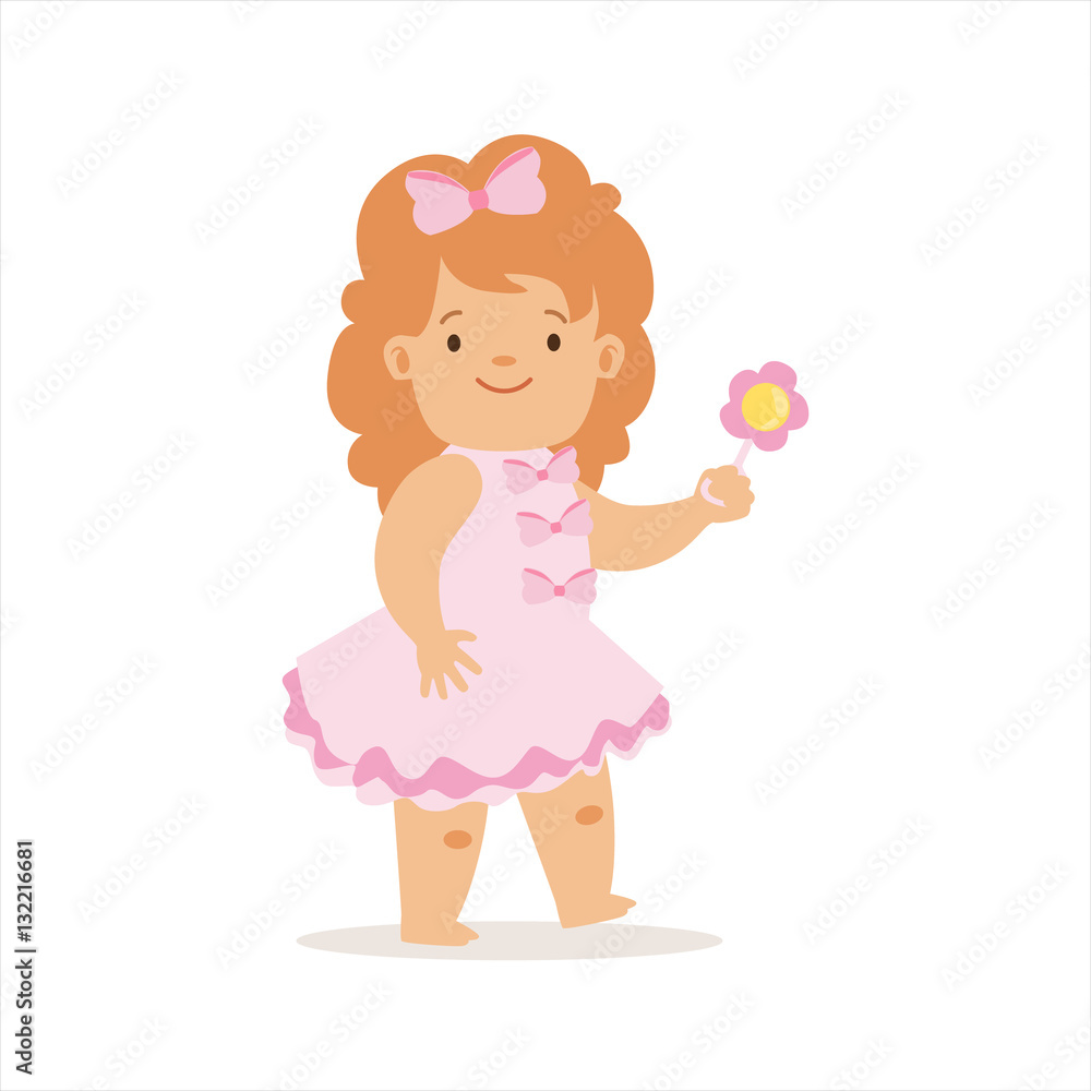 Girl In Pink Dress Walking With Flower, Adorable Smiling Baby Cartoon  Character Every Day Situation Stock Vector | Adobe Stock