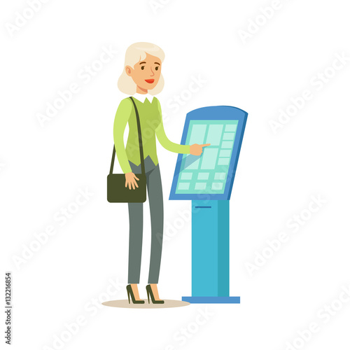 Woman Taking Electronic Queue Ticket. Bank Service, Account Management And Financial Affairs Themed Vector Illustration