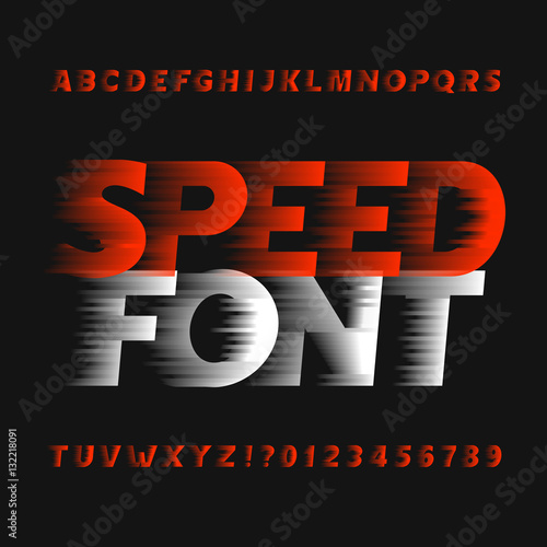 Speed alphabet font. Wind effect type letters and numbers on a dark background. Vector typeface for your design.