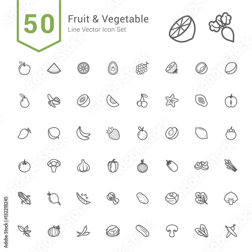 Fruit and Vegetable Icon Set. 50 Line Vector Icons.