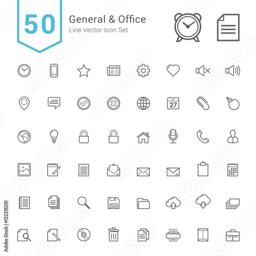 General and Office Icon Set. 50 Line Vector Icons.