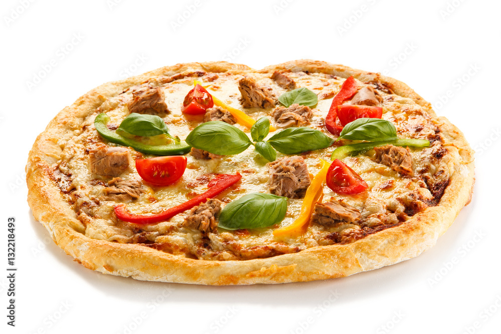 Pizza with tuna on white background 
