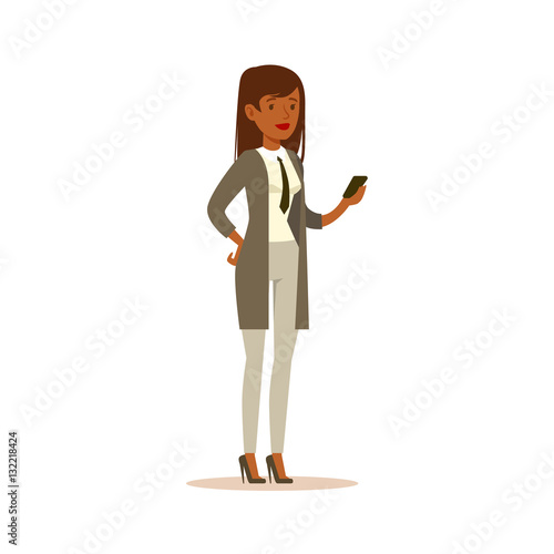 Businesswoman Checking The Phone, Business Office Employee In Official Dress Code Clothing Busy At Work Smiling Cartoon Characters