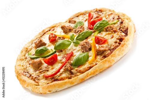 Pizza with tuna on white background 