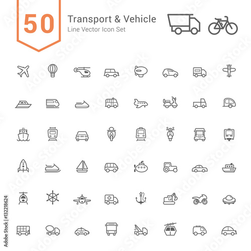 Transport & Vehicle Icon Set. 50 Line Vector Icons.