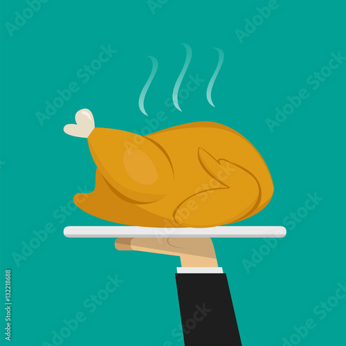 Waiter hand serving Roasted chicken on plate