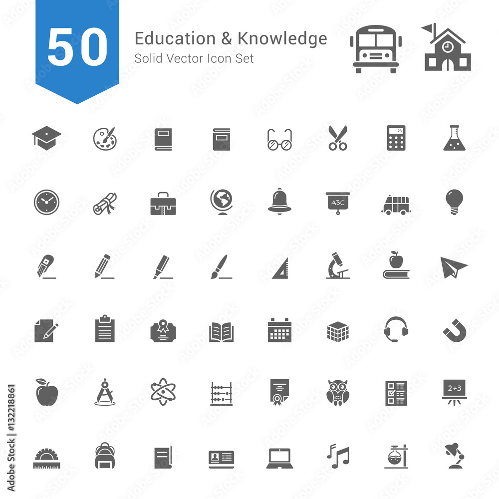 Education and Knowledge Icon Set. 50 Solid Vector Icons. Education and Knowledge Icon Set. 50 Solid Vector Icons.