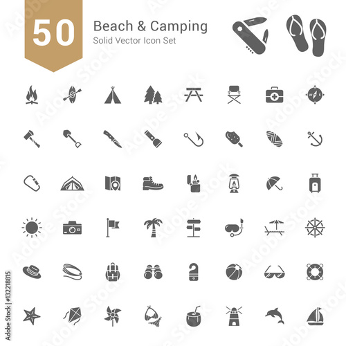 Beach & Camping Icon Set. 50 Solid Vector Icons.