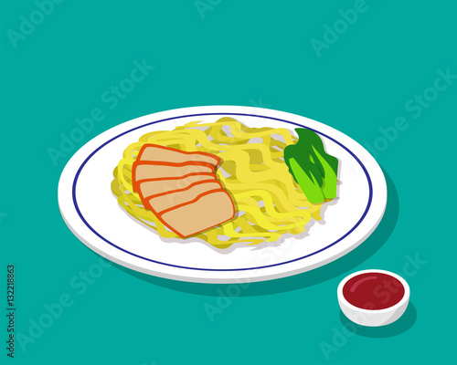 Dry Egg noodle soup with roast pork in 3d style