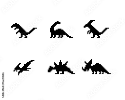 Set of dinosaur icons in silhouette pixel style