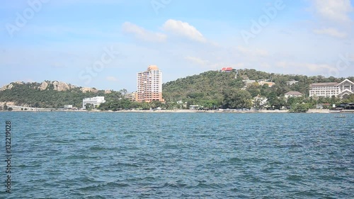 View landscape and seascape of andaman sea at Bangsan beach with view Khao Sam Muk mountain background from Laem Thaen Cape in Chonburi, Thailand photo