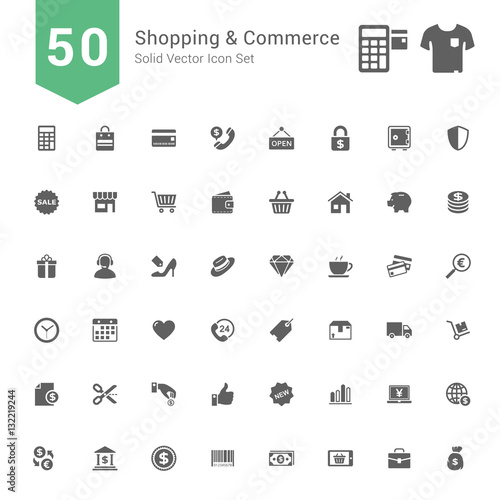 Shopping and Commerce Icon Set. 50 Solid Vector Icons.