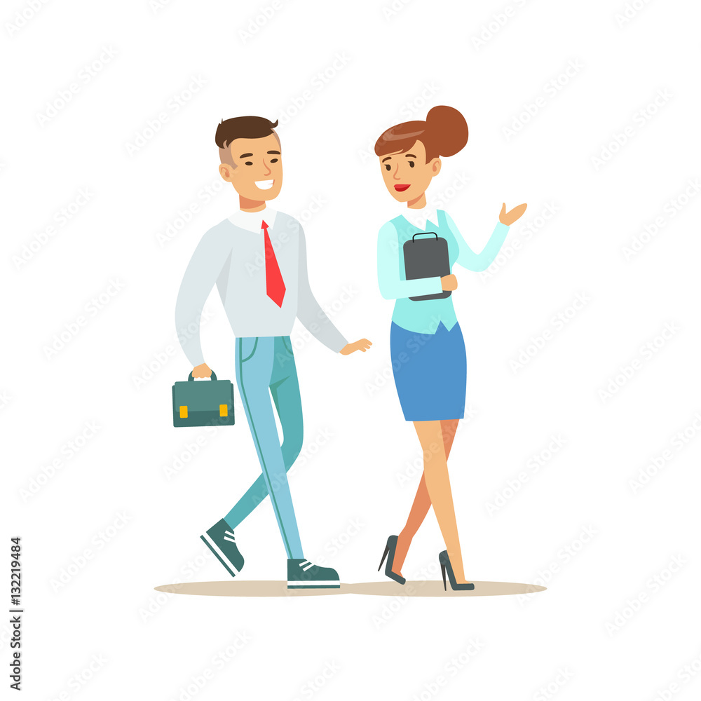 Colleagues Walking And Talking. Bank Service, Account Management And Financial Affairs Themed Vector Illustration Colleagues Walking And Talking. Bank Service, Account Management And Financial Affairs Themed Vector Illustration