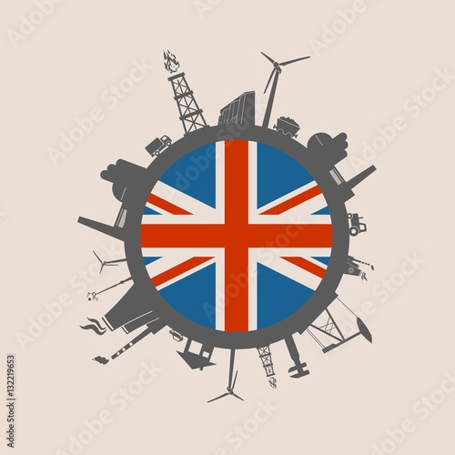 Circle with industry relative silhouettes. Vector illustration. Objects located around the circle. Industrial design background. Britain flag in the center.