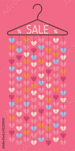 Hanger with hanging hearts. Sale discount banner. Vector