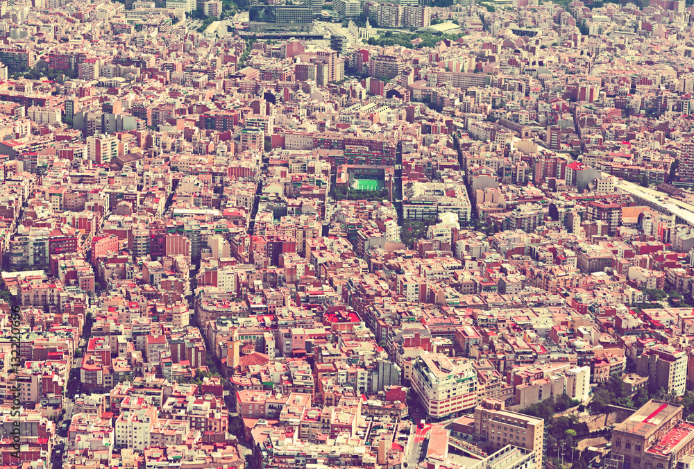   Sants-Montjuic residential district from helicopter. Barcelona