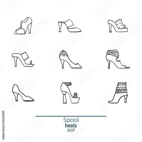 Beautiful set of various shoes and sandals, isolated on white background. Vector bundle with 9 summer and spring female footwear with spool heels type. Vector hand drawn black and white illustration