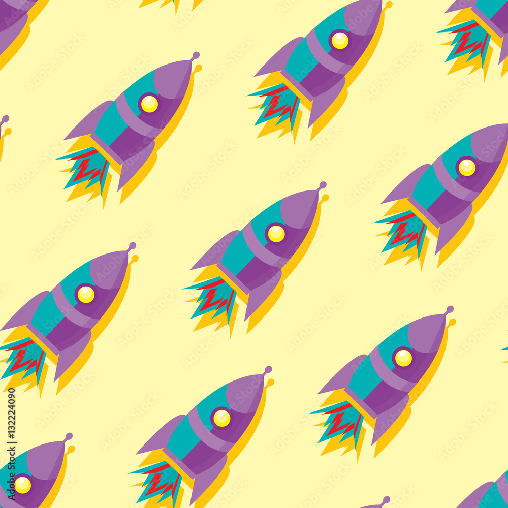 Cute and colorful space seamless pattern background with rockets. Yellow, blue and purple. Cute and colorful space seamless pattern background with rockets. Yellow, blue and purple.