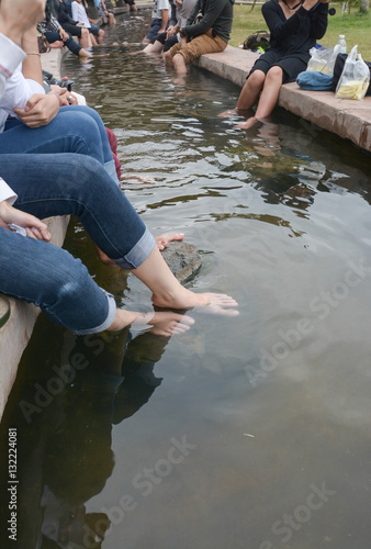 foot soak onsen,the tourist at Sankampaeng hot springs in San Kampang district, Chiang Mai , Thailand photo