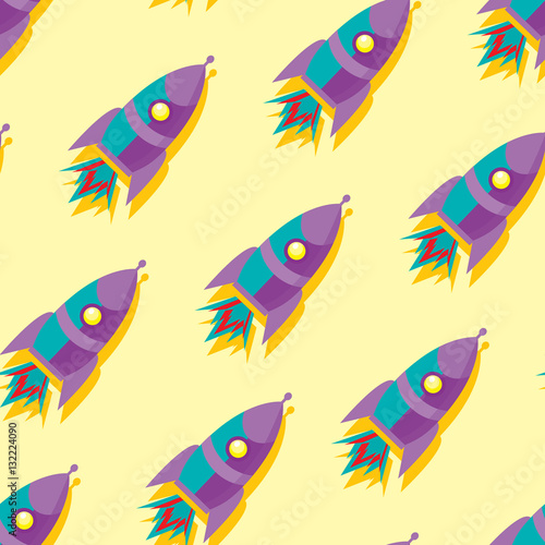 Cute and colorful space seamless pattern background with rockets. Yellow, blue and purple. © Tae Mi