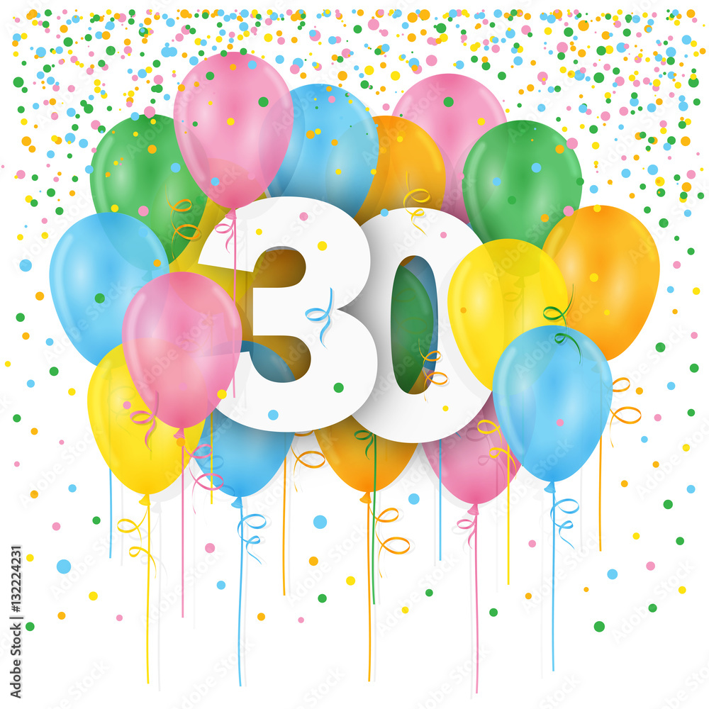 Happy 30th Birthday Party Composition With Balloons And 3D Render Stock ...