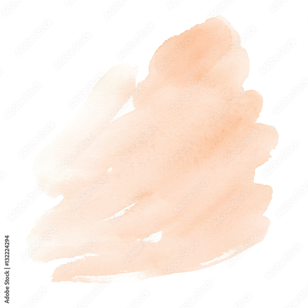 Fototapeta premium Hand drawn watercolor stain of pastel natural delicate shade. A watercolour spot. Gentle beige color. It is possible to use for wrap, wallpaper, website, decor. Isolated on white background.