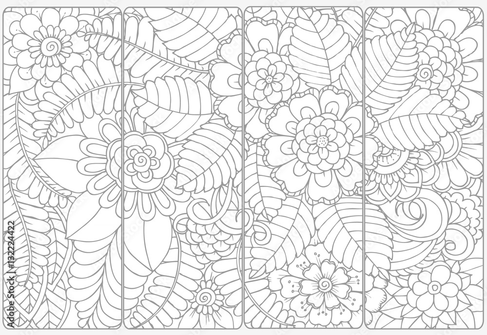 Set of four bookmarks .Floral doodling