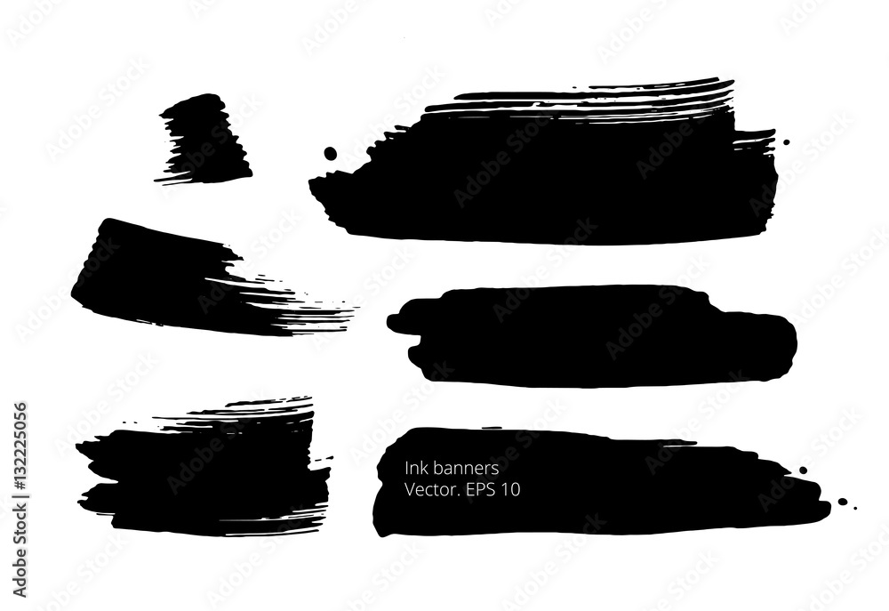 Set of black hand drawn banners, abstract creative textures made with ink. Brush strokes.Vector. EPS 10. Grunge illustrations. Black spots template. Collection freehand shapes. Set of black hand drawn banners, abstract creative textures made with ink. Brush strokes.Vector. EPS 10. Grunge illustrations. Black spots template. Collection freehand shapes.