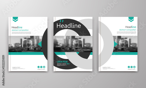 Abstract a4 brochure cover design. Ad text frame. Urban city view font. Title sheet model. Modern vector front page. Brand logo. Banner texture. Black, white ring figure, green line icon. Flyer