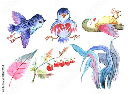leaves, birds, watercolor, seamless pattern