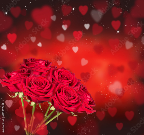 Roses red and Hearts background. Valentine concept. Nature and beautiful red roses bouquet on abstract background. St. Valentine s Day