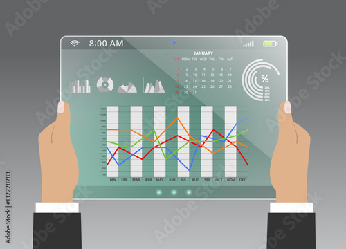 Analysis of financial data in charts, accounting, business report, taxes, banking, statistics, vision for the future on modern computer tablet.