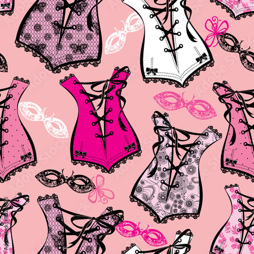Seamless pattern with beautiful retro corsets and ornamental ven