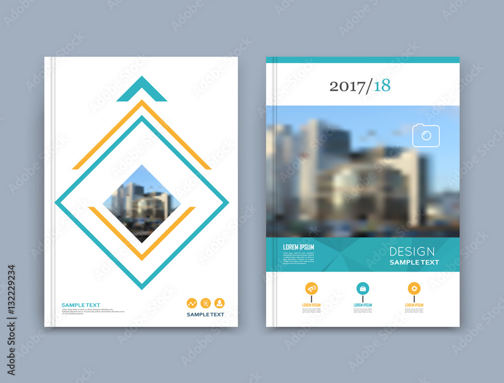 Obraz premium Abstract a4 brochure cover design. Text frame surface. Urban city view font. White title sheet model. Vector front page. Ad banner texture. Yellow square figure, blue horizontal line icon. Flyer